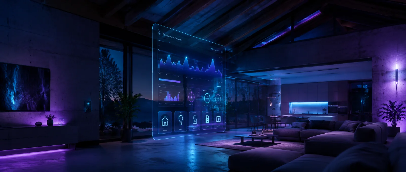 Smart-Home-Innenraum mit holografischer KI-Visualisierung